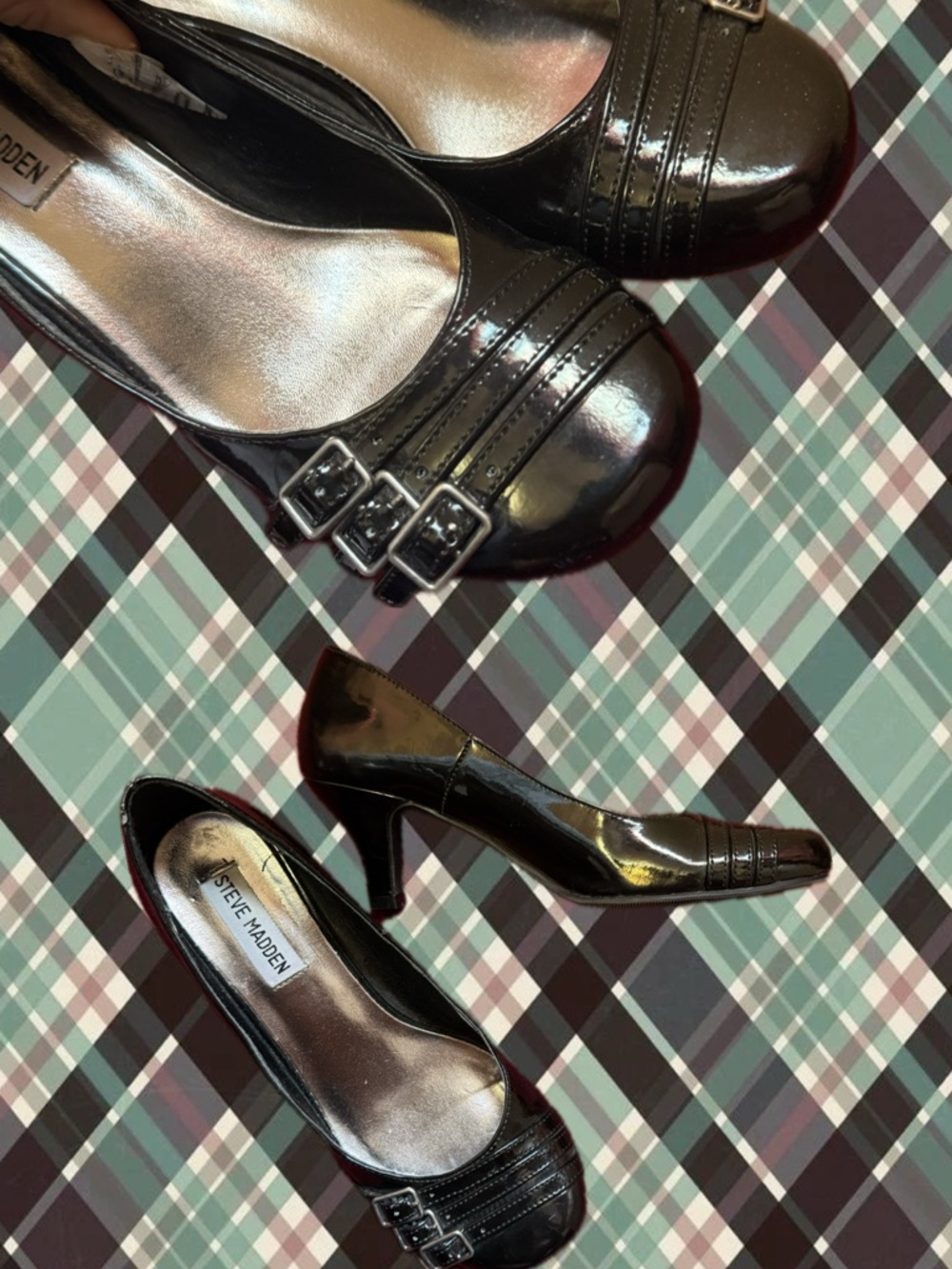 Steve Madden Black Patent Leather Triple-Buckle Pumps